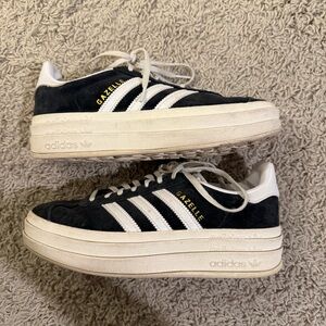 Adidas Gazelle Platform Sneakers in Black & White with Gold Script